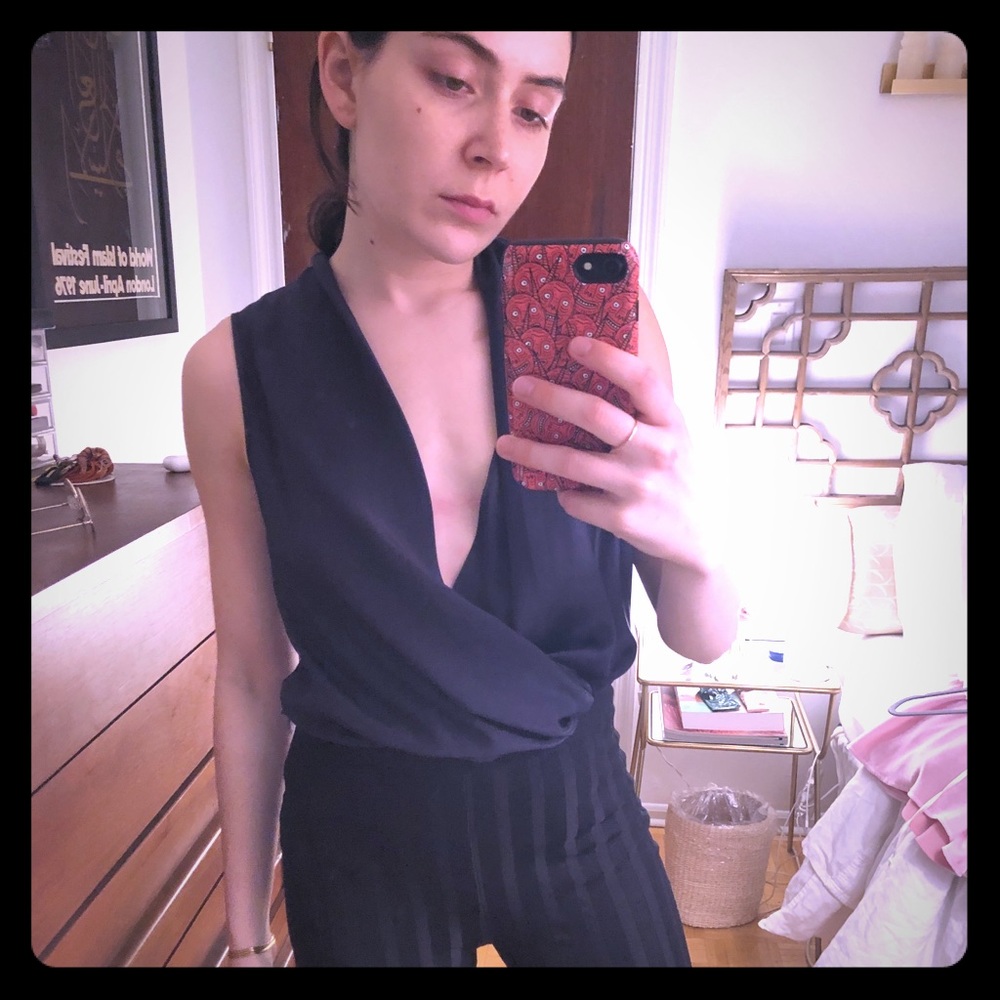 Navy silk plunging draped top